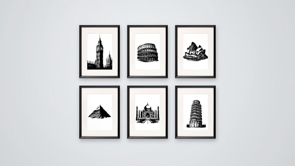 Sześć grafik z zabytkami – Big Ben, Koloseum, Opera w Sydney, piramida, Taj Mahal i krzywa wieża – w czarnych ramach