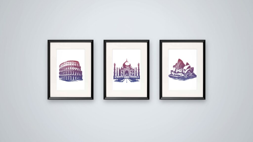 Grafiki z Koloseum, Taj Mahal i Operą w Sydney w czerwono-kobaltowym gradiencie w czarnych ramach