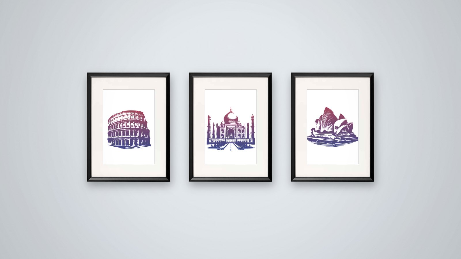 Grafiki z Koloseum, Taj Mahal i Operą w Sydney w czerwono-kobaltowym gradiencie w czarnych ramach