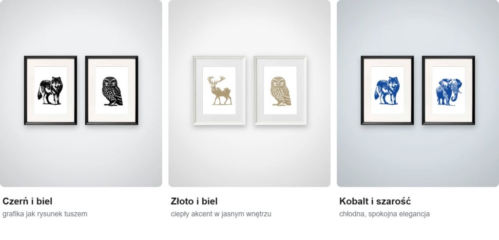 Trzy zestawy grafik w stylu skandynawskim: czerń i biel, złoto i biel, kobalt i szarość