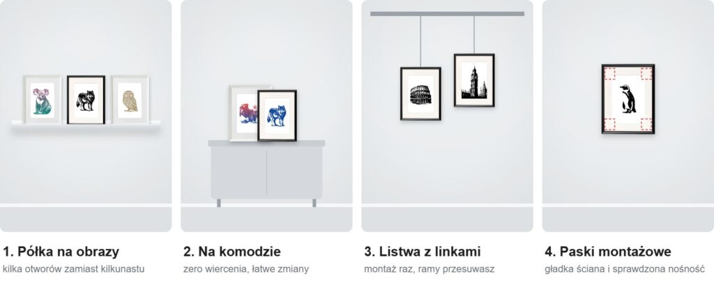 Cztery sposoby na obrazy bez wiercenia: półka na obrazy, ramy oparte o komodę, listwa z linkami i paski montażowe