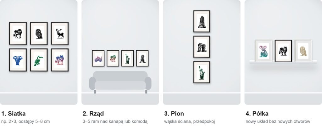Cztery układy galerii z ram 30×40 cm: siatka, rząd nad kanapą, pion i półka